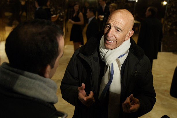Tom Barrack speaking with reporters in the lobby of Trump Tower in New York in 2017. Barrack, chair of former President Donald Trump's 2017 inaugural committee, was arrested Tuesday, July 20, 2021, in California on charges alleging that he and others conspired to influence Trump's foreign policy positions to benefit the United Arab Emirates.