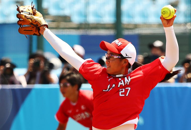 Tokyo 2020 Olympics - Softball - Women - Opening Round - Australia v Japan - Fukushima Azuma Baseball Stadium - Fukushima, Japan - July 21, 2021. Miu Goto of Japan in action.