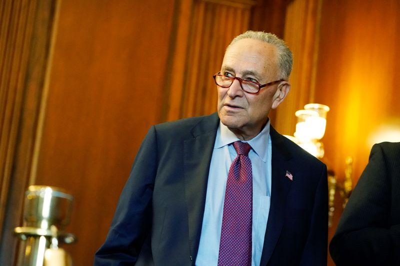 U.S. Senate Majority Leader Chuck Schumer attends a news conference on July 20, 2021. On Wednesday, July 21, 2021, Senate Republicans blocked a move to open debate on Wednesday on a $1.2 trillion bipartisan infrastructure measure.