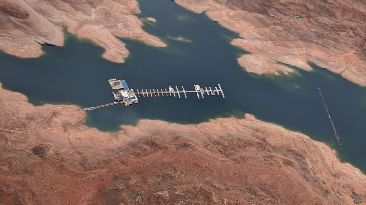 An undated aerial image of the Dangling Rope marina at Lake Powell. National Park Service officials say it is closed for the remainder of 2021 as a result of low water levels and "significant" wind damage.