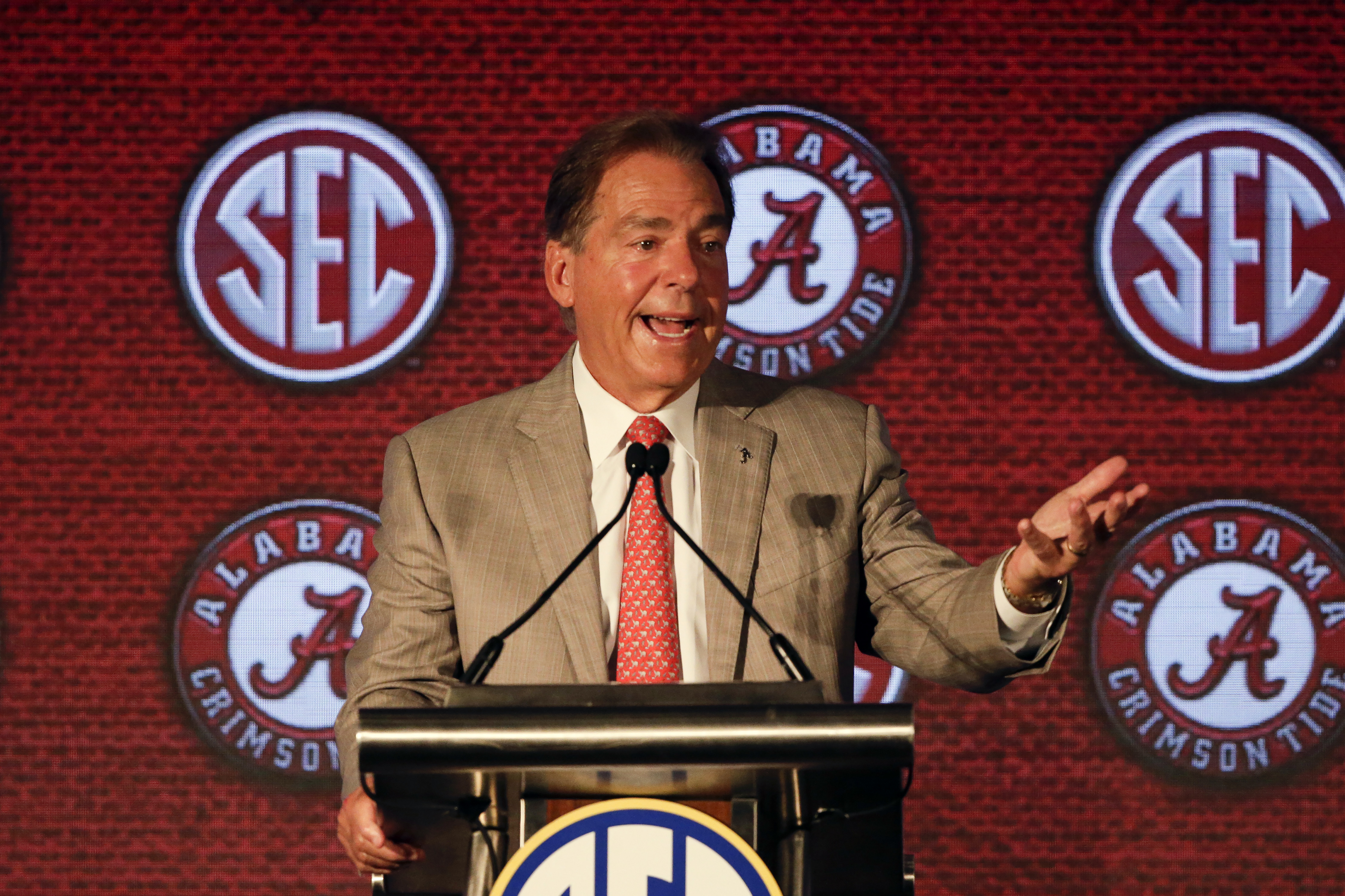 Alabama head coach Nick Saban speaks to reporters during the NCAA college football Southeastern Conference Media Days Wednesday, July 21, 2021, in Hoover, Ala.