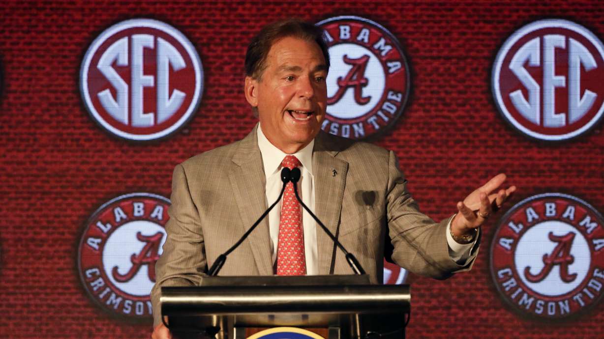 Alabama head coach Nick Saban speaks to reporters during the NCAA college football Southeastern Conference Media Days Wednesday, July 21, 2021, in Hoover, Ala.