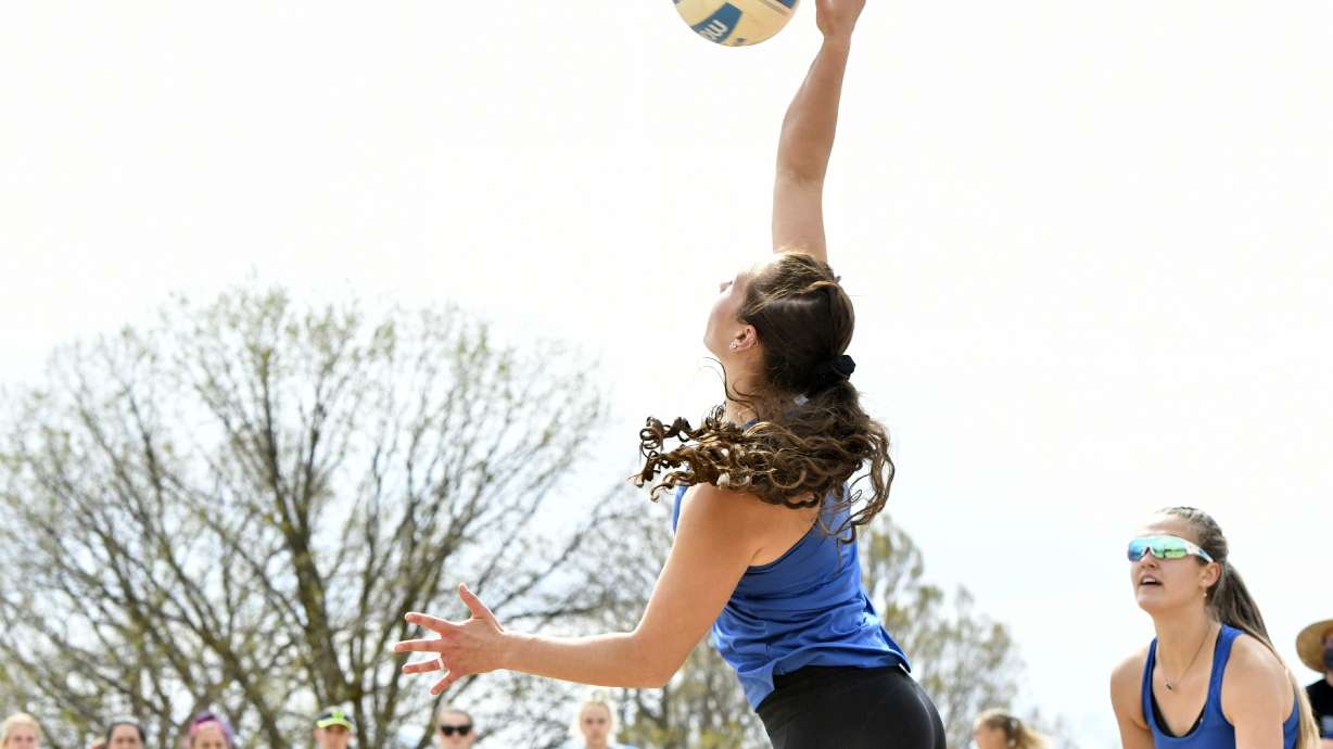 The Salt Lake Community College women's beach volleyball team plays against the University of Utah on April 24, 2021. The Norwegian women's beach handball team was fined for wearing shorts instead of bikini bottoms during a recent game. The SLCC women's beach volleyball head coach sides with the Norwegian club, saying female athletes should have a choice in what they wear without being punished.