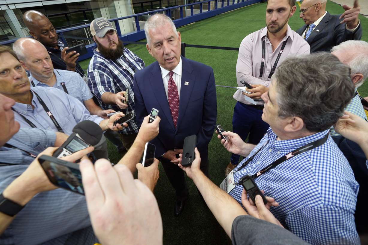 Big 12 commissioner Bob Bowlsby speaks to reporters during NCAA college football Big 12 media days Wednesday, July 14, 2021, in Arlington, Texas.