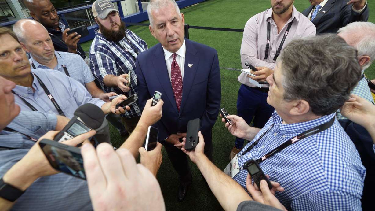 Big 12 commissioner Bob Bowlsby speaks to reporters during NCAA college football Big 12 media days on July 14 in Arlington, Texas. The Athletic reported Friday morning that BYU is already the frontrunner for Big 12 expansion.