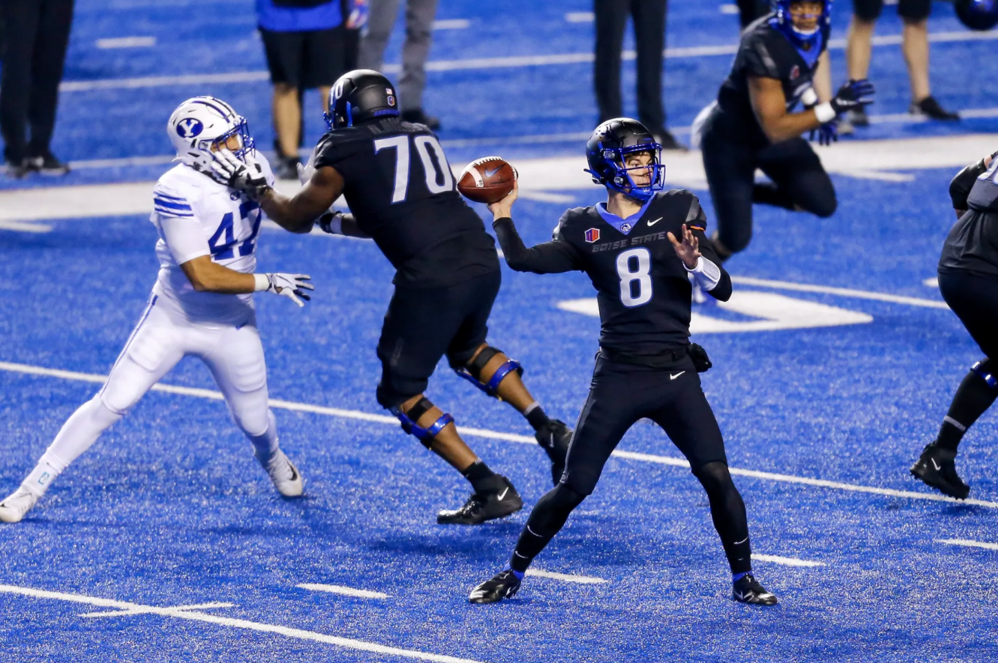 Boise State quarterback Hank Bachmeier (19) throws the ball against  Colorado State during the first half in an NCAA college football game  Thursday, Nov. 12, 2020, in Boise, Idaho. Boise State won