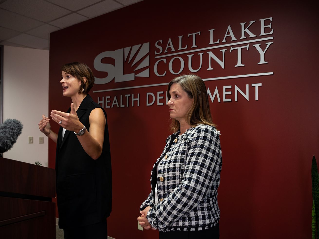 Salt Lake County Health Department Executive Director
Dr. Angela Dunn, left, speaks during a COVID-19 briefing with Salt
Lake County Mayor Jenny Wilson at her side at the Salt Lake County
Government Center in Salt Lake City on Thursday, July 22, 2021.