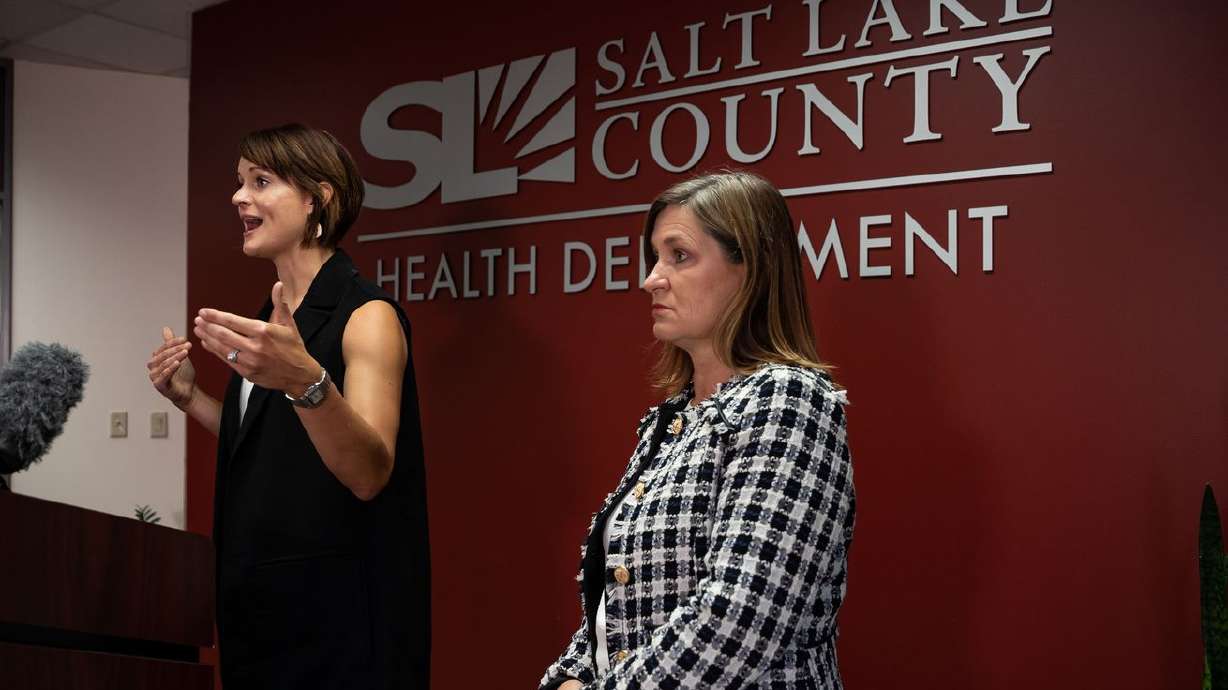 Salt Lake County Health Department Executive Director
Dr. Angela Dunn, left, speaks during a COVID-19 briefing with Salt
Lake County Mayor Jenny Wilson at her side at the Salt Lake County
Government Center in Salt Lake City on Thursday, July 22, 2021.
