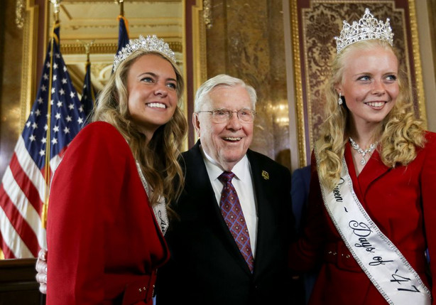 President M. Russell Ballard, acting president of the Quorum of the Twelve Apostles of The Church of Jesus Christ of Latter-day Saints, center, poses for a photo with the Days of ’47 Royalty Addy Eisenach, left, and Sophia Lowry at the Capitol in Salt Lake City on Thursday, July 22, 2021. Gov. Spencer Cox declared Friday, July 23, 2021, as President M. Russell Ballard Day.