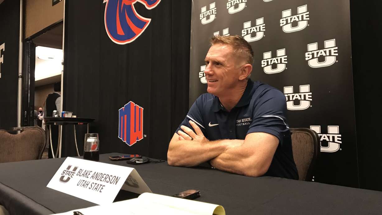 Utah State first-year head coach Blake Anderson speaks to the media during Mountain West media days, Wednesday, July 21, 2021 in Las Vegas.