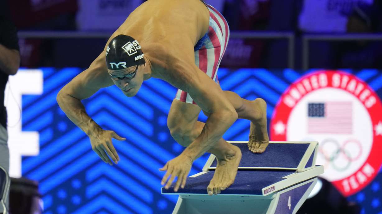 FILE - In this June 19, 2021, file photo, Michael Andrew participates in the men's 50 freestyle during wave 2 of the U.S. Olympic Swim Trials in Omaha, Neb. A debate is fomenting between former gold medalist Maya DiRado and some American swimmers over Andrew's decision not to be vaccinated against the COVID-19 virus on the eve of competition at the Tokyo Olympics.