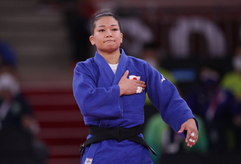 Tokyo 2020 Olympics - Judo -  Women's 48kg - Semifinal - Nippon Budokan - Tokyo, Japan - July 24, 2021. Funa Tonaki of Japan reacts