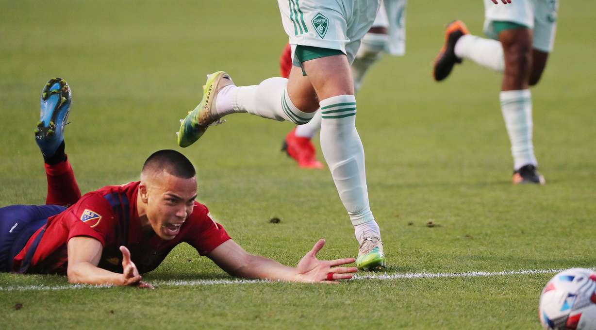 Real Salt Lake forward Bobby Wood (7) yells after being tripped in a game against the Colorado Rapids at Rio Tinto Stadium in Sandy on Saturday, July 24, 2021. RSL won, 3-0.