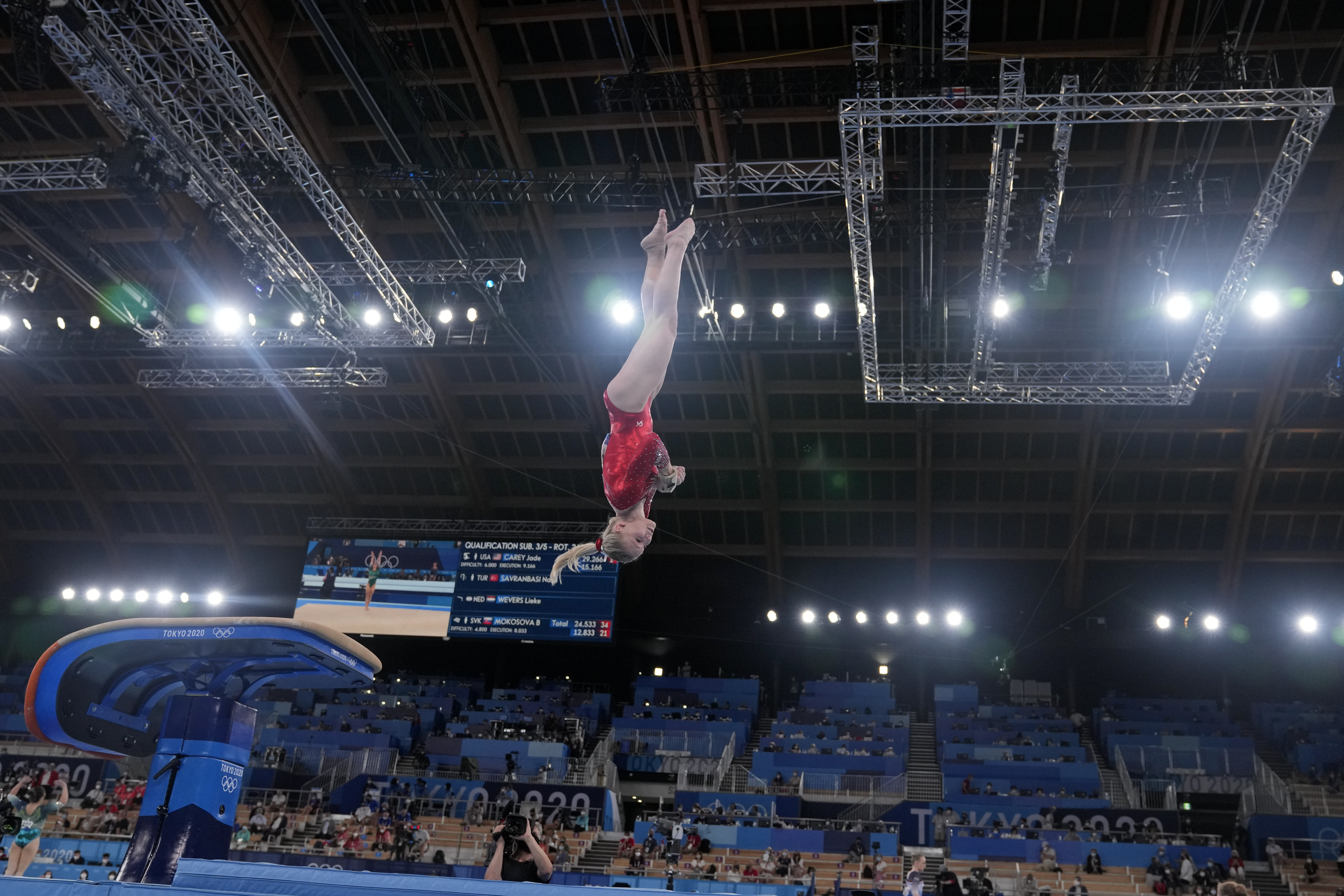 Jade Carey, of the United States, performs on the vault during the women's artistic gymnastic qualifications at the 2020 Summer Olympics, Sunday, July 25, 2021, in Tokyo.