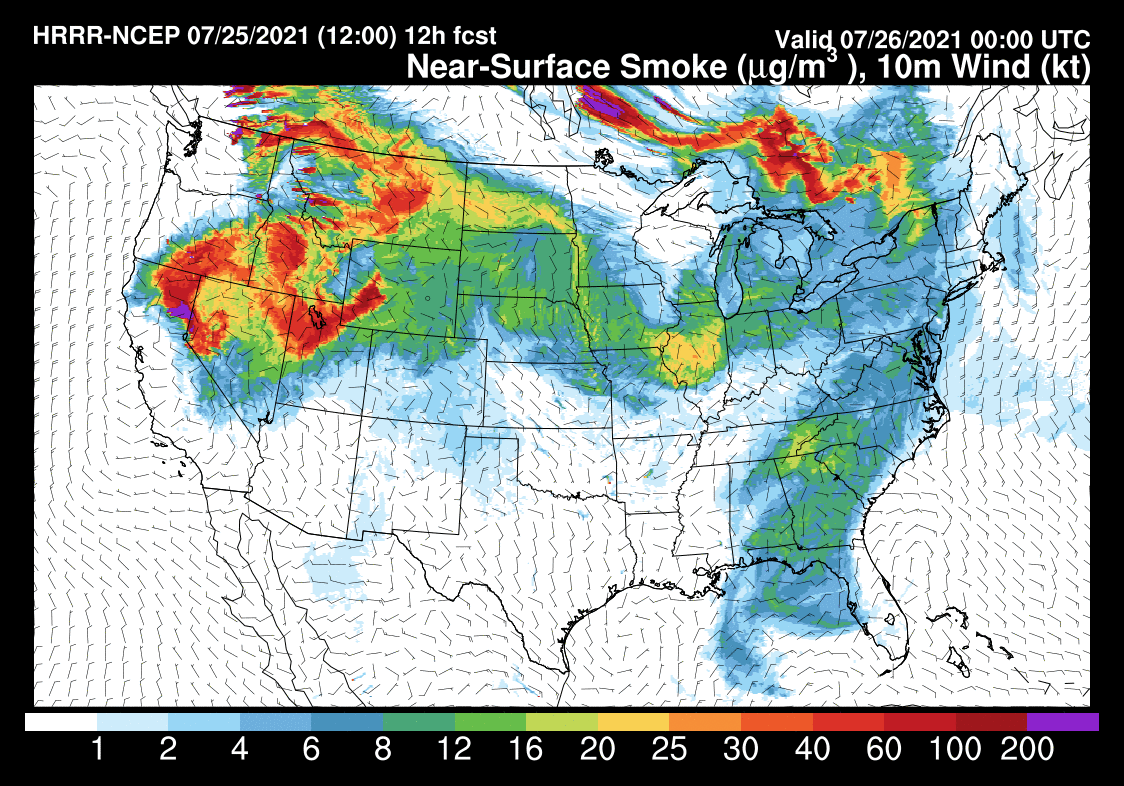Smoke forecast for the afternoon of Sunday, July 25, 2021, with the highest concentrations in red.