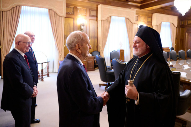 His Eminence Archbishop Elpidophoros of the Greek Orthodox Archdiocese of visits with President Russell M. Nelson from The Church of Jesus Christ of Latter-day Saints on July 22, 2021.