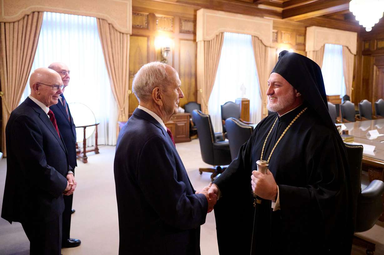 His Eminence Archbishop Elpidophoros of the Greek Orthodox Archdiocese of visits with President Russell M. Nelson from The Church of Jesus Christ of Latter-day Saints on July 22, 2021.