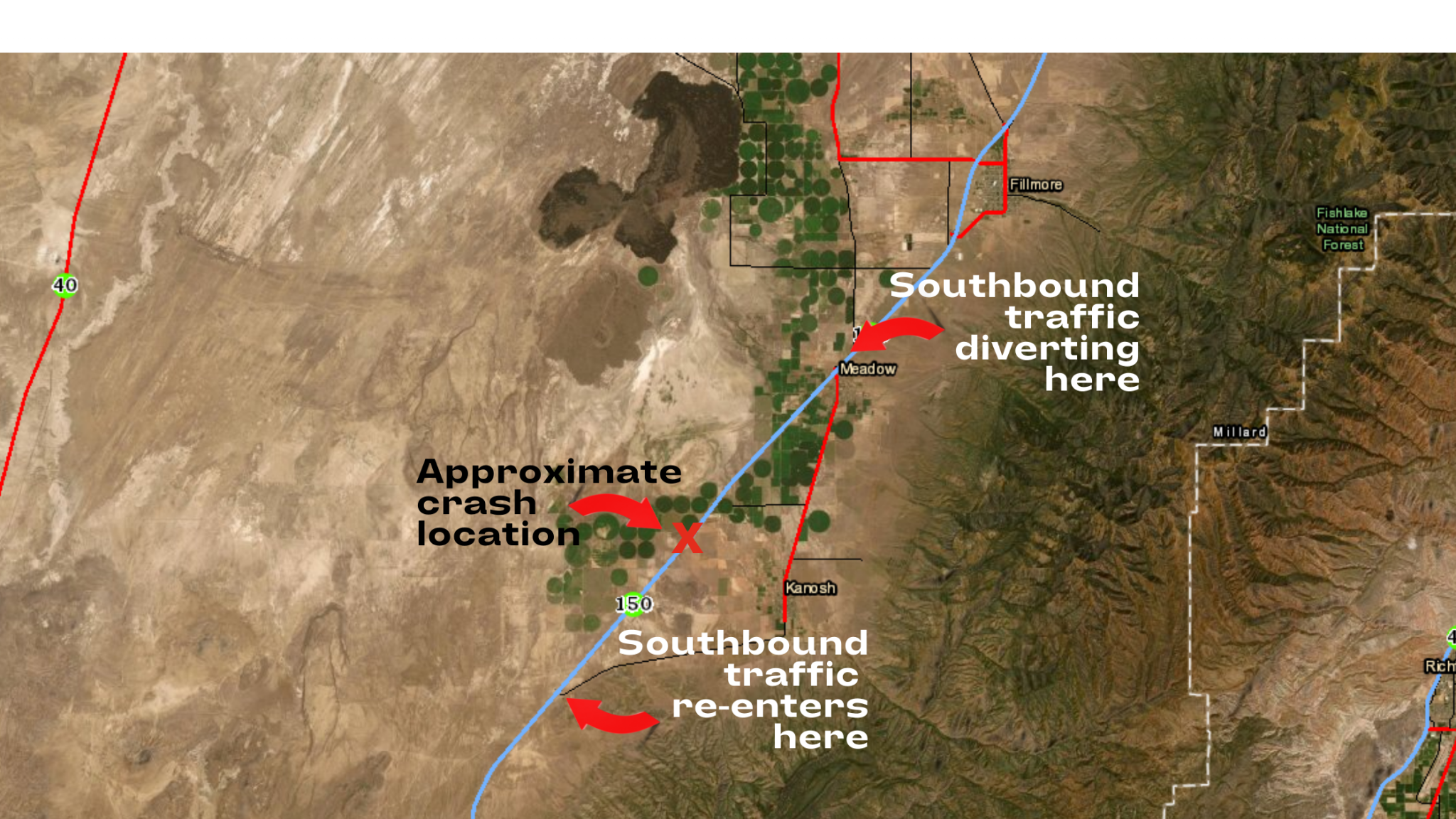 Drivers on southbound I-15 will need to take an alternate route after a 20-vehicle crash on I-15 in Millard County on July 25, 2021.