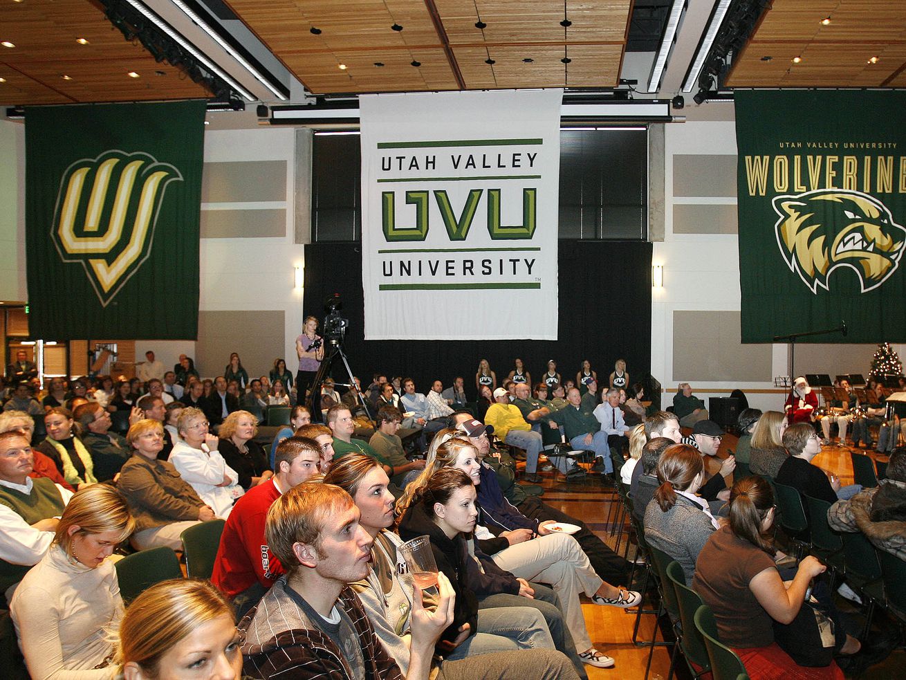 Banners of the new UVU logos hang from the ceiling at Utah Valley University on Nov. 30, 2007.