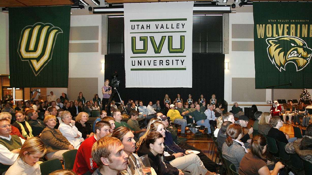 Banners of the new UVU logos hang from the ceiling at Utah Valley University on Nov. 30, 2007.