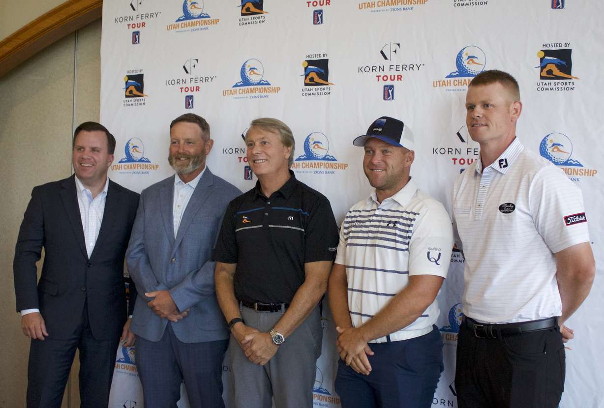 Former BYU golfers Patrick Fishburn, far right, and Danny Summerhays join Utah Sports Commission CEO Jeff Robbins, Zions Bank executive vice president Rob Brough and Korn Ferry Tour director Hal Geyer at a press conference for the 2021 Utah Championship at Oakridge Country Club, Monday, July 26, 2021 in Farmington.