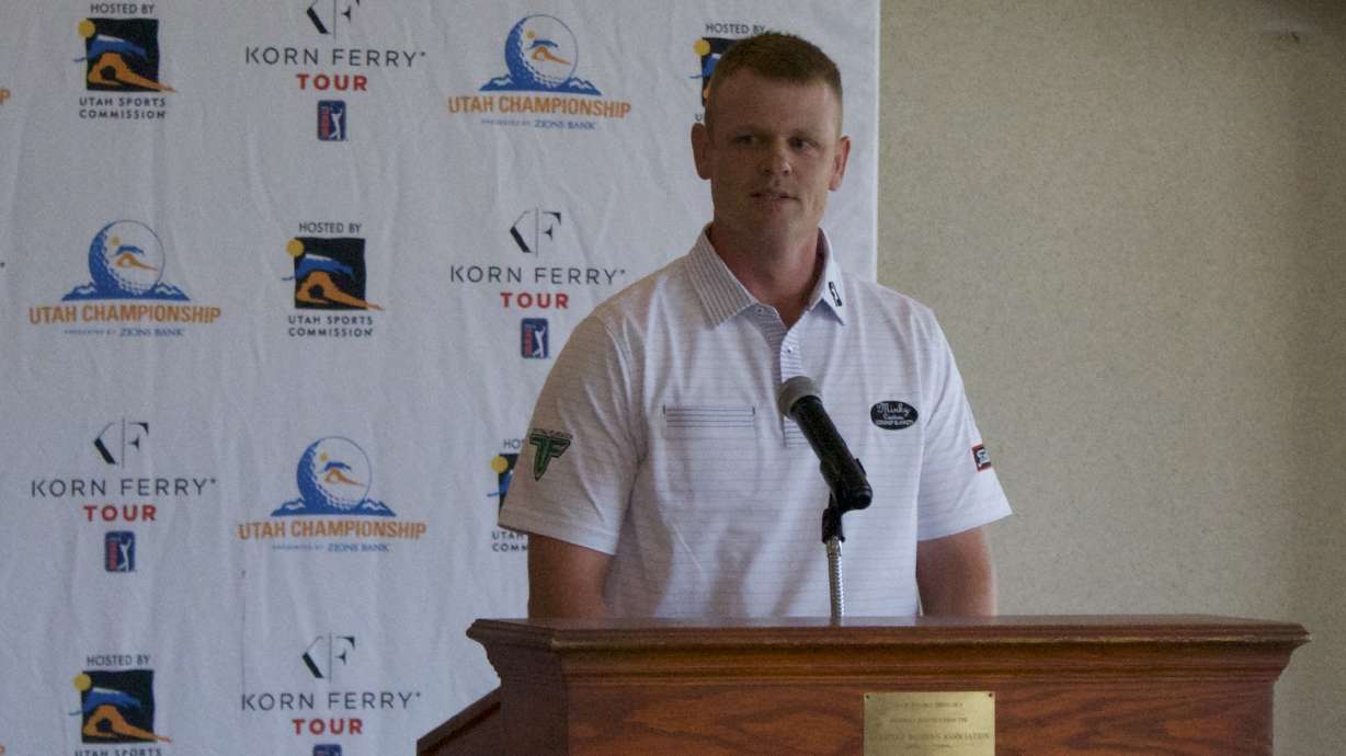 Former BYU golfer and Fremont High alum Patrick Fishburn speaks during a press conference for the Utah Championship at Oakridge Country Club, Monday, July 26, 2021 in Farmington.