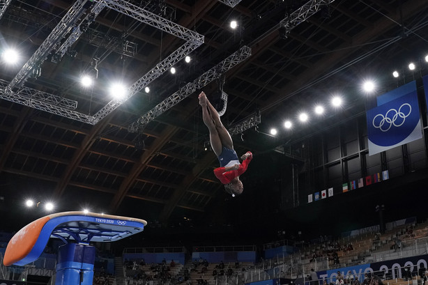 Simone Biles, of the United States, performs on the vault during the artistic gymnastics women's final at the 2020 Summer Olympics, Tuesday in Tokyo.