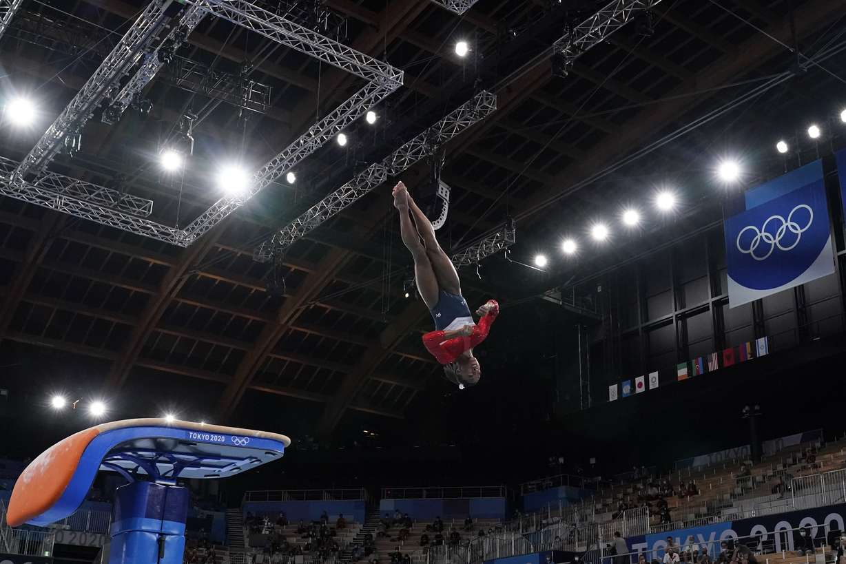 Simone Biles, of the United States, performs on the vault during the artistic gymnastics women's final at the 2020 Summer Olympics, Tuesday in Tokyo.