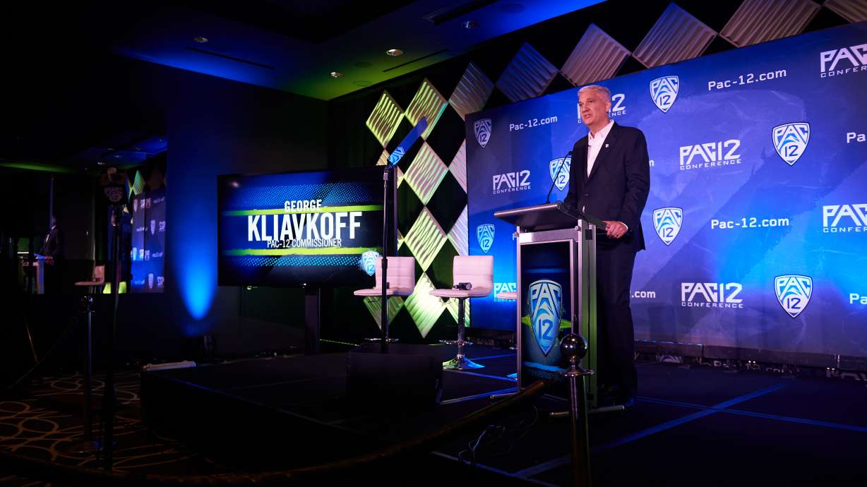 Pac-12 Commissioner George Kliavkoff with his opening remarks in Los Angeles, CA.