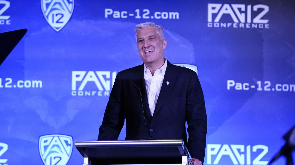 Pac-12 Commissioner George Kliavkoff speaks during the Pac-12 Conference NCAA college football Media Day Tuesday, July 27, 2021, in Los Angeles.