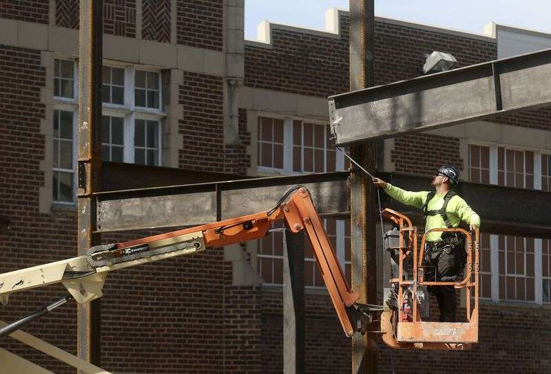 Construction crews build an extension of the Florence
J. Gillmor Hall at Westminster College in Salt Lake City on
Wednesday, June 16, 2021.
