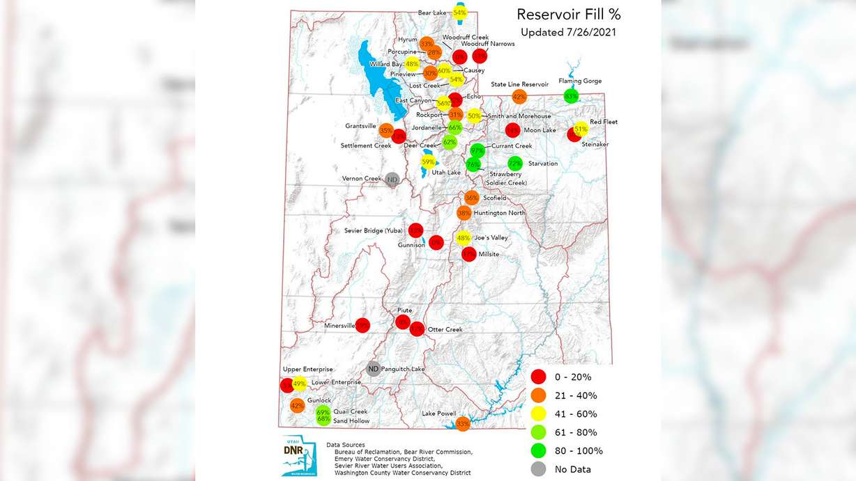This map shows containment levels of reservoirs across Utah as of Monday, July 26.