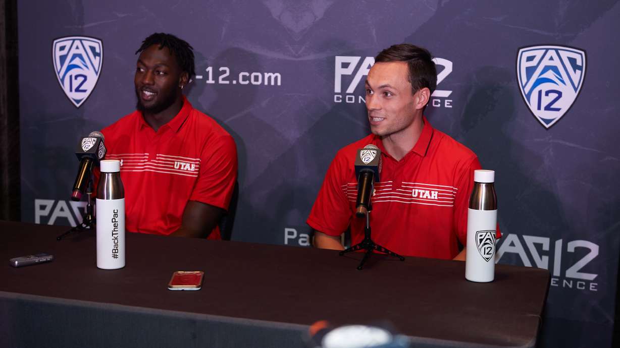 University of Utah receiver Britain Covey and linebacker Devin Lloyd talk to media as part of the Pac-12's media day in Hollywood, California on July 27, 2021.