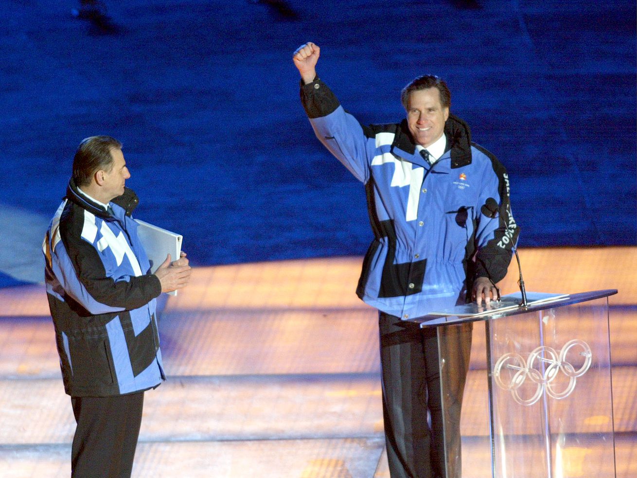 Mitt Romney appears during the opening ceremonies of the Salt Lake 2002 Winter Olympics at Rice-Eccles Stadium in Salt
Lake City on Feb. 8, 2002. He said Wednesday he wants to see the Olympics return to Utah — but in 2030 rather than waiting an additional four years.