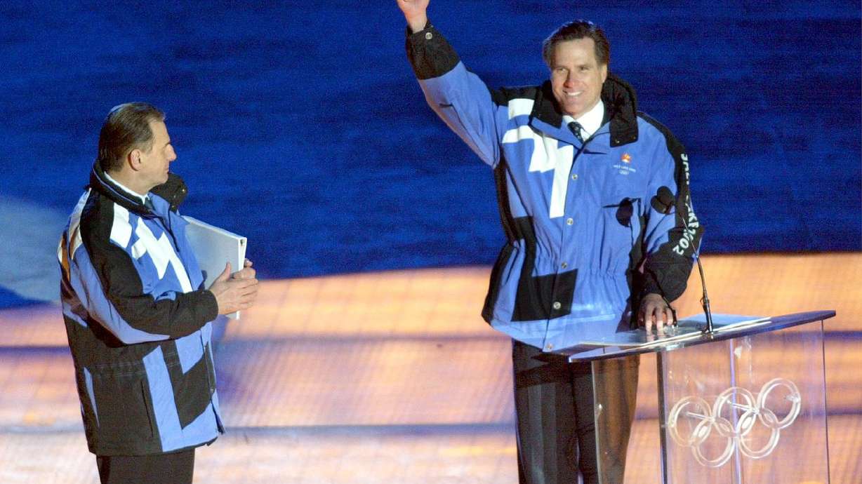 Mitt Romney appears during the opening ceremonies of the Salt Lake 2002 Winter Olympics at Rice-Eccles Stadium in Salt
Lake City on Feb. 8, 2002. He said Wednesday he wants to see the Olympics return to Utah — but in 2030 rather than waiting an additional four years.