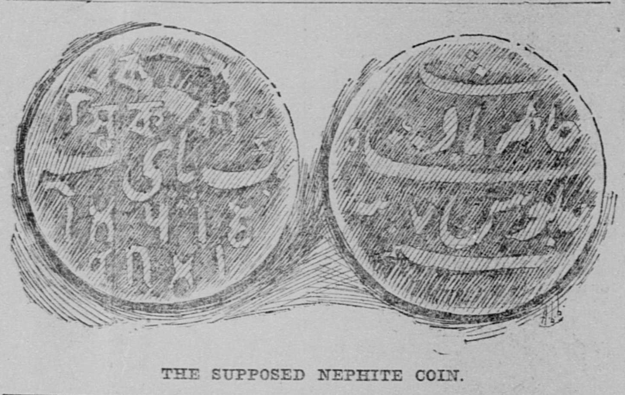 A depiction of the "Nephite Coin" printed in an 1897 edition of the  The Salt Lake Herald-Republican.