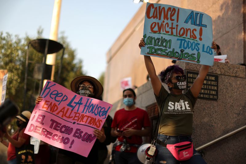 Protesters surround the LA Superior Court to prevent an upcoming wave of evictions and call on Governor Gavin Newsom to pass an eviction moratorium, amid the global outbreak of coronavirus disease (COVID-19), in Los Angeles, California, U.S., August 21, 2020.