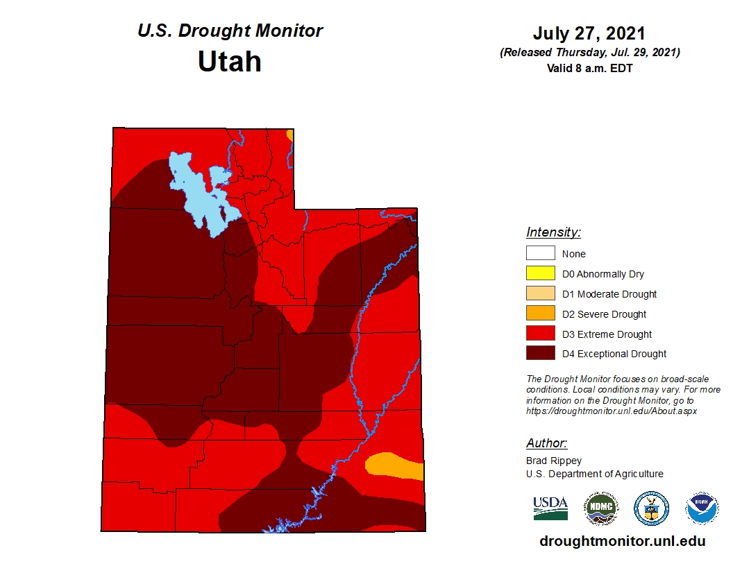This map, created by the U.S. Drought Monitor, shows Utah's drought as of Tuesday, July 27. It shows a reduction of "exceptional" drought from 70% to 52% but nearly all of the state remains in the worst two drought categories.