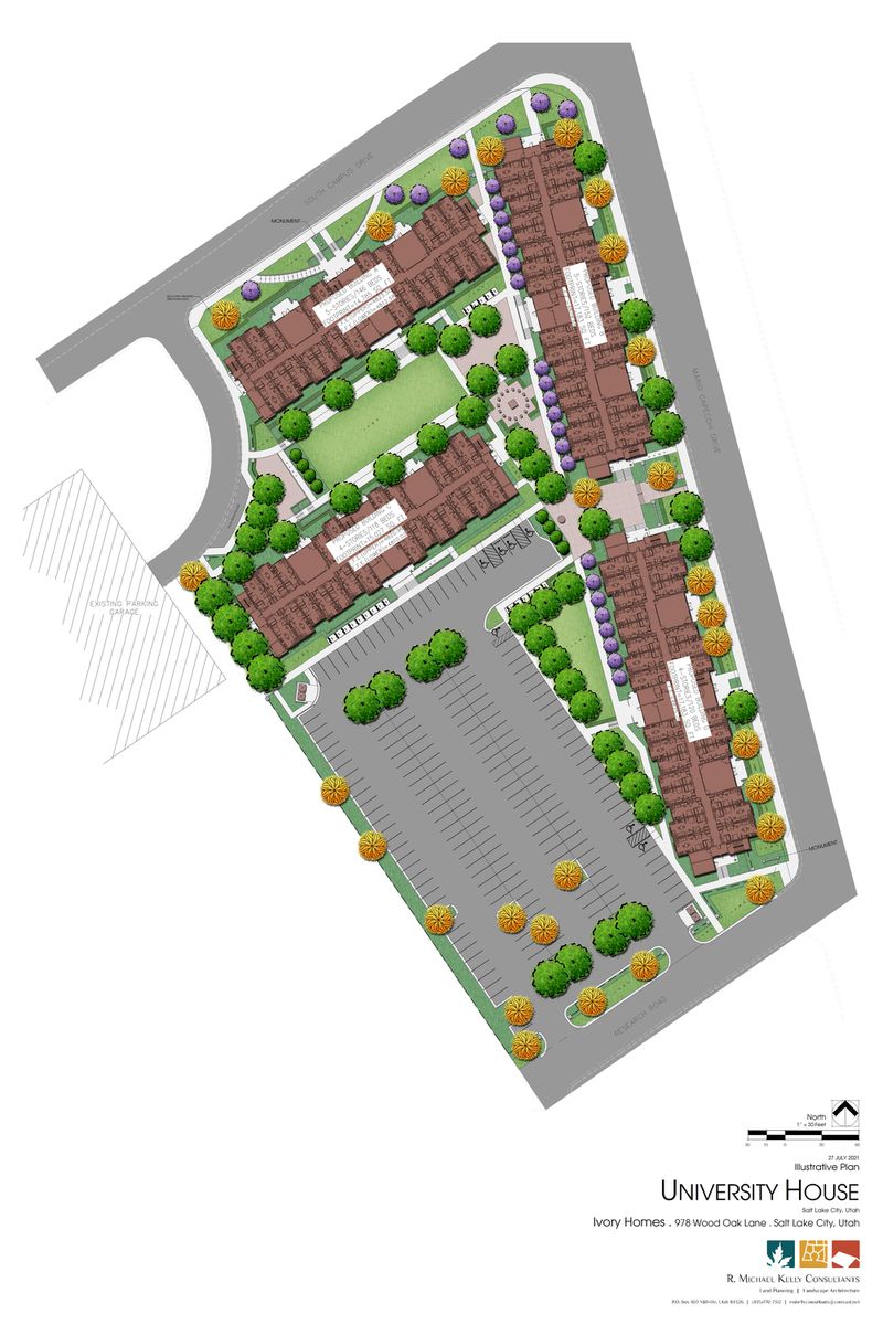 A rendering depicts the layout and landscaping of the proposed Ivory University House near the University of Utah. The
project would house 536 much-needed units of housing for University of Utah students near campus.