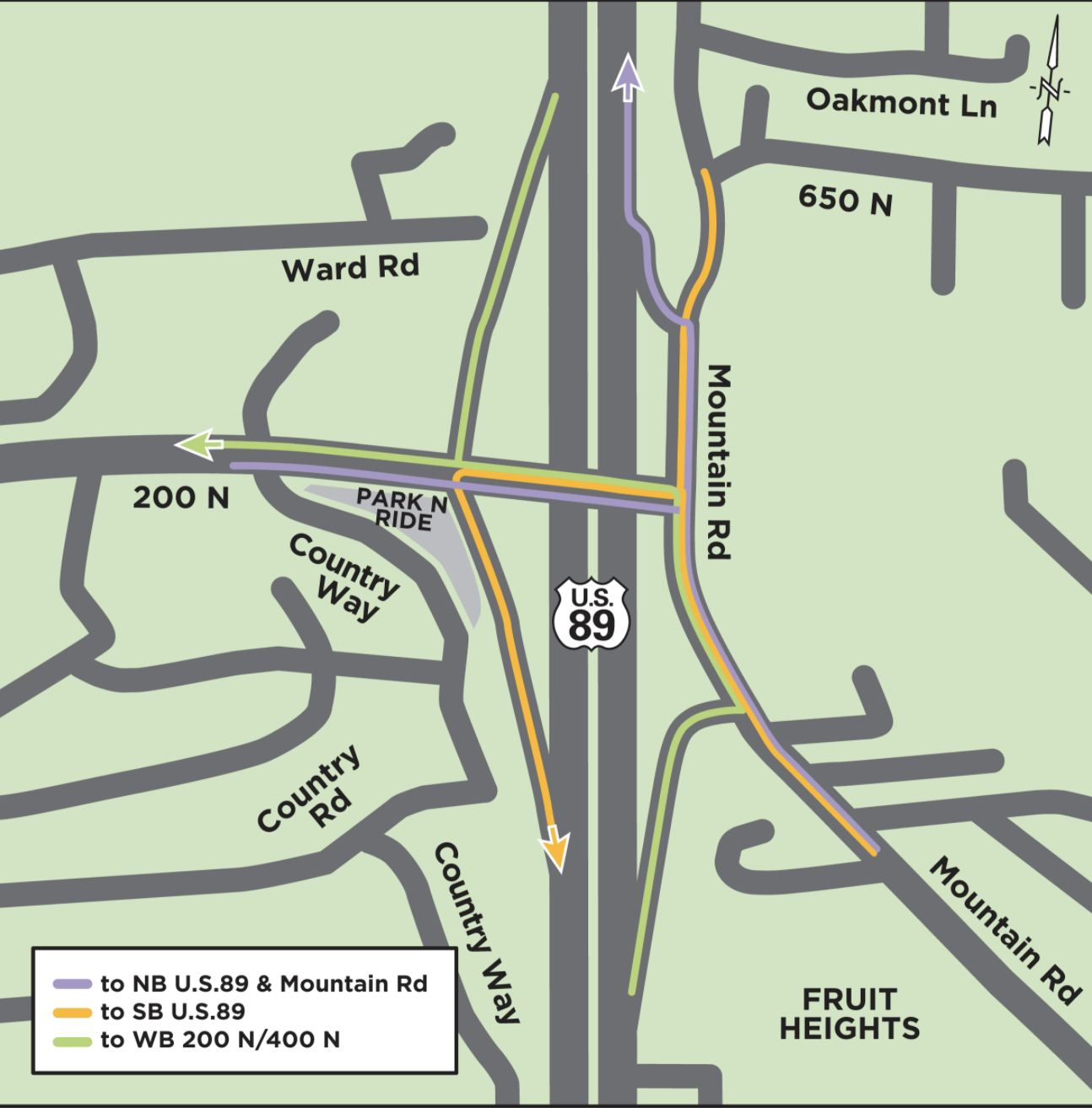 This map shows the traffic flow of the 400 North interchange in Fruit Heights.