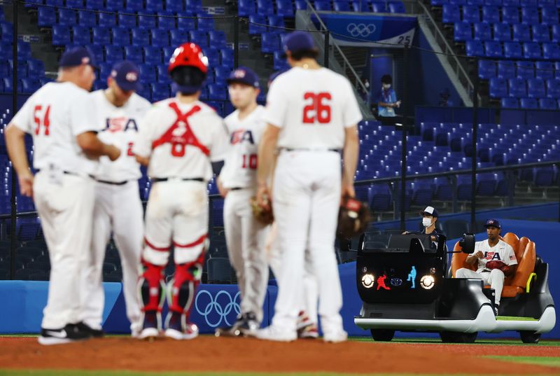 Anthony Gose of the United States arrives on the field on the bullpen cart for a game against South Korea, July 31, 2021 at Yokohama Stadium in Yokohama, Japan. 