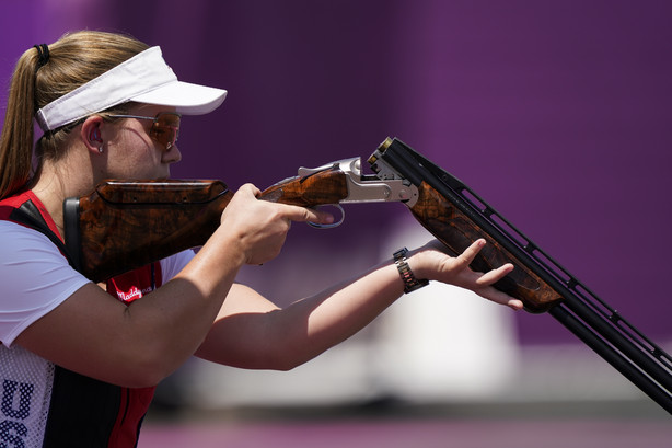 In this Thursday, July 22, 2021 photo, Madelynn Ann Bernau practices at the Asaka Shooting Range ahead of the 2020 Summer Olympics. The COVID-19 pandemic coupled with record sales of firearms have created a shortage of ammunition in the US.