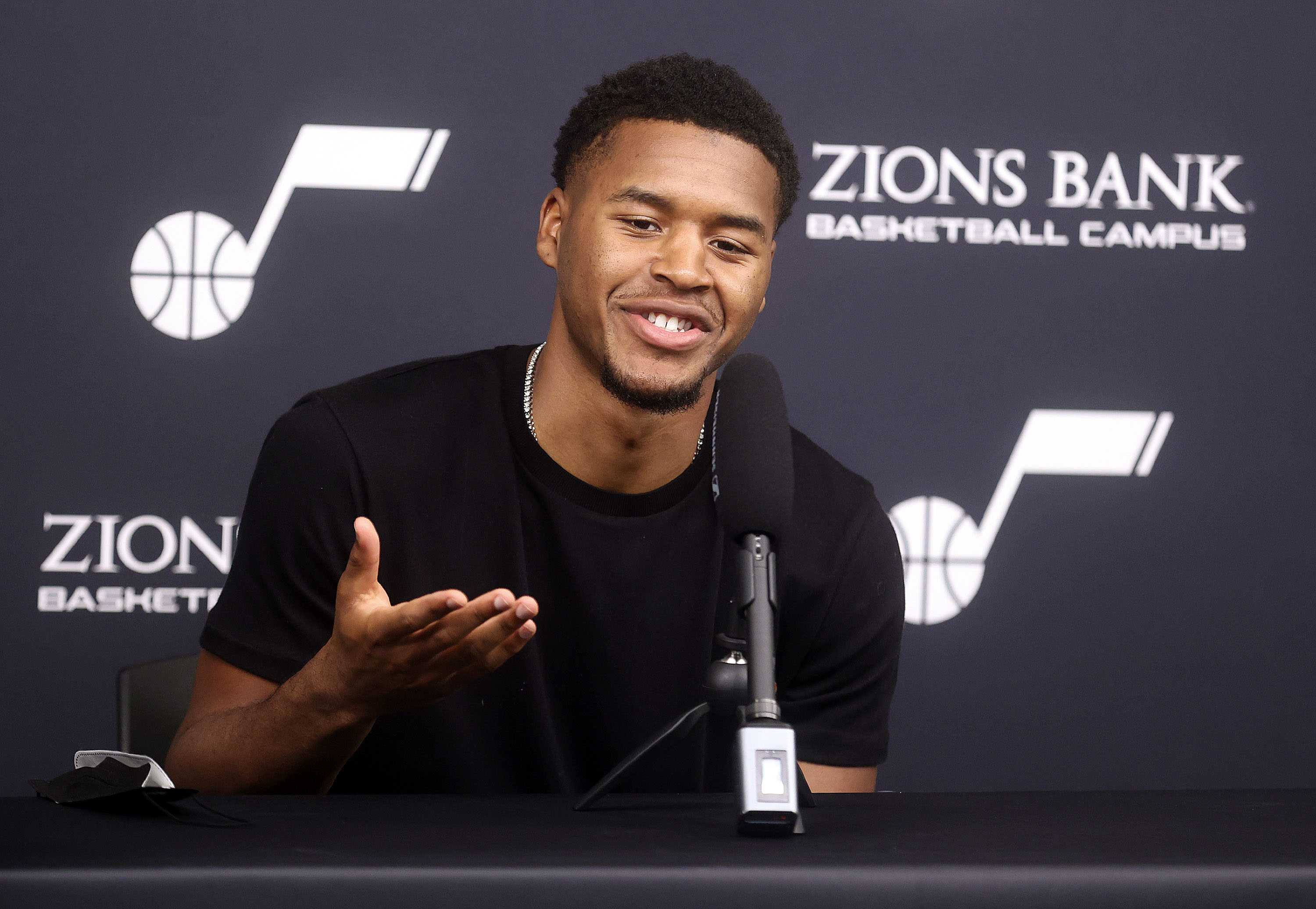 Utah Jazz guard Jared Butler speaks during a press conference at the Zions Bank Basketball Campus in Salt Lake City on Saturday, July 31, 2021. Butler was the number 40 draft pick in the NBA.