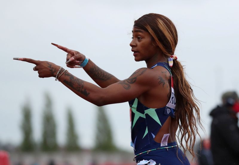FILE PHOTO: Athletics - Diamond League - Gateshead - Gateshead International Stadium, Gateshead, Britain - May 23, 2021 Sha'Carri Richardson of the U.S. celebrates winning her women's 100m heat