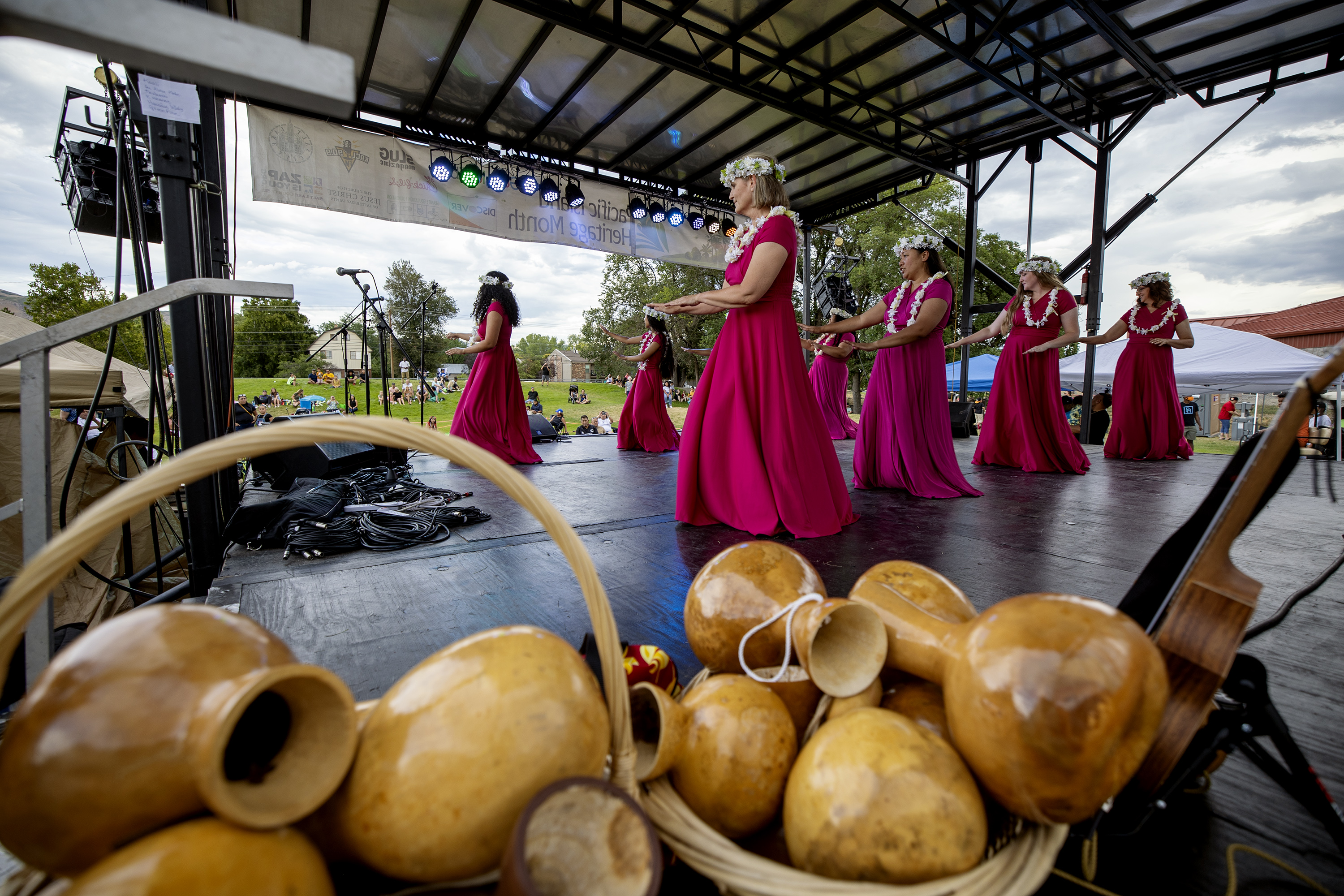 Dancers from Halau ku Pono I Kamalani, perform as Polynesian Month kicks off at the Pacific Heritage Academy in Salt Lake City on Saturday.