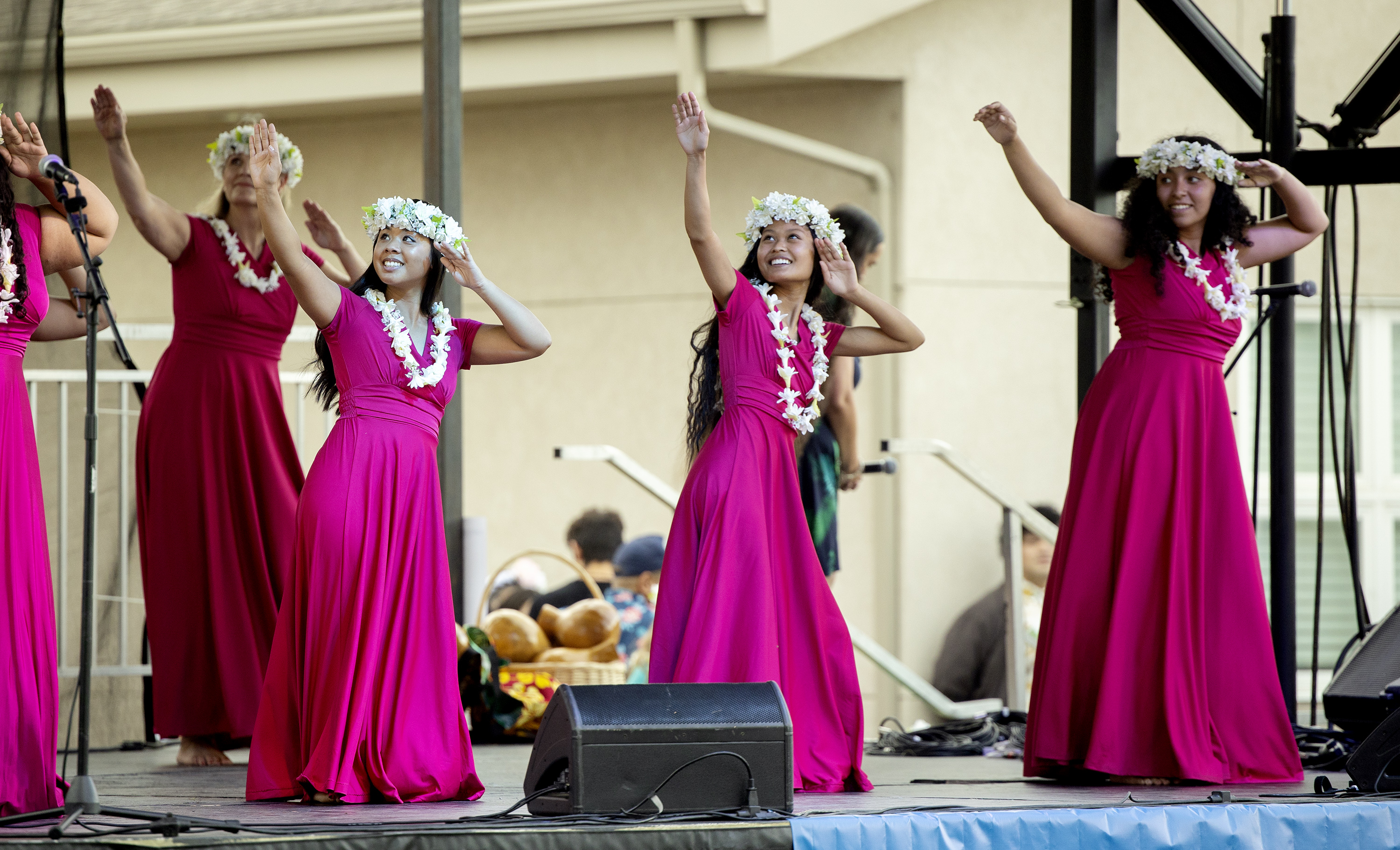 Dancers from Halau ku Pono I Kamalani, perform as Polynesian Month kicks off at the Pacific Heritage Academy in Salt Lake City on Saturday.