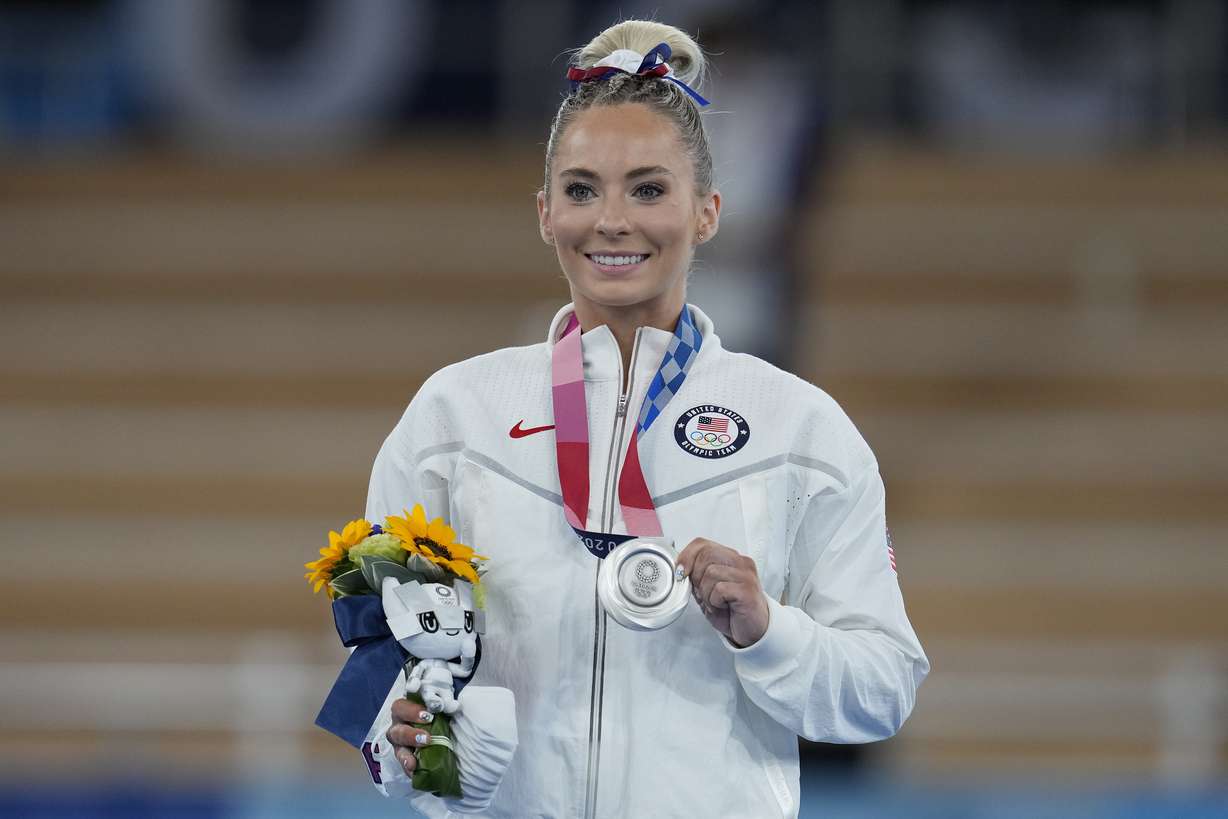 Mykayla Skinner of the United States, poses after winning the silver medal for the vault during the artistic gymnastics women's apparatus final at the 2020 Summer Olympics, Sunday, Aug. 1, 2021, in Tokyo, Japan.