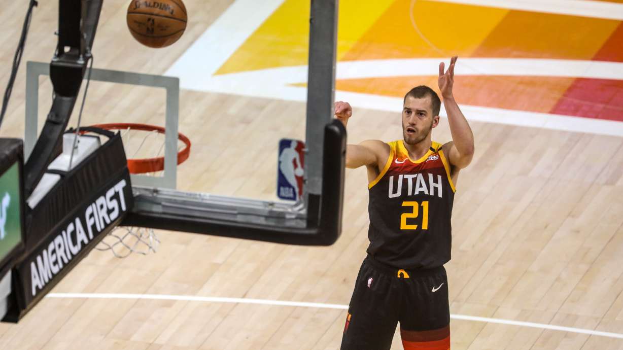 Utah Jazz guard Matt Thomas (21) shoots a free throw during an NBA basketball game at Vivint Smart Home Arena in Salt Lake City on Saturday, May 1, 2021.