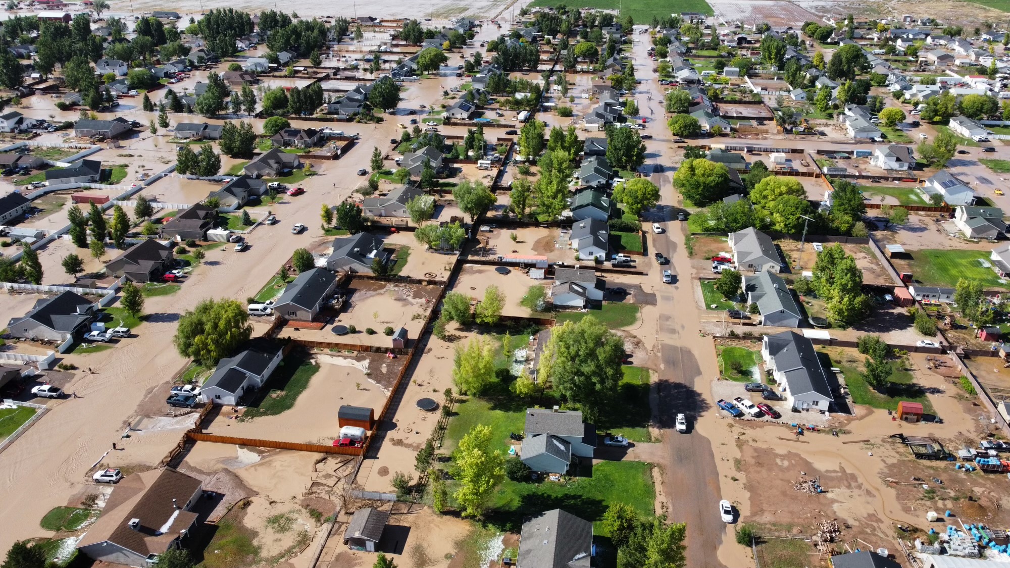 An aerial view of flooding in Enoch, Iron County, after a storm on Sunday. City officials say at least 2.5 inches of rain hit the city Sunday.