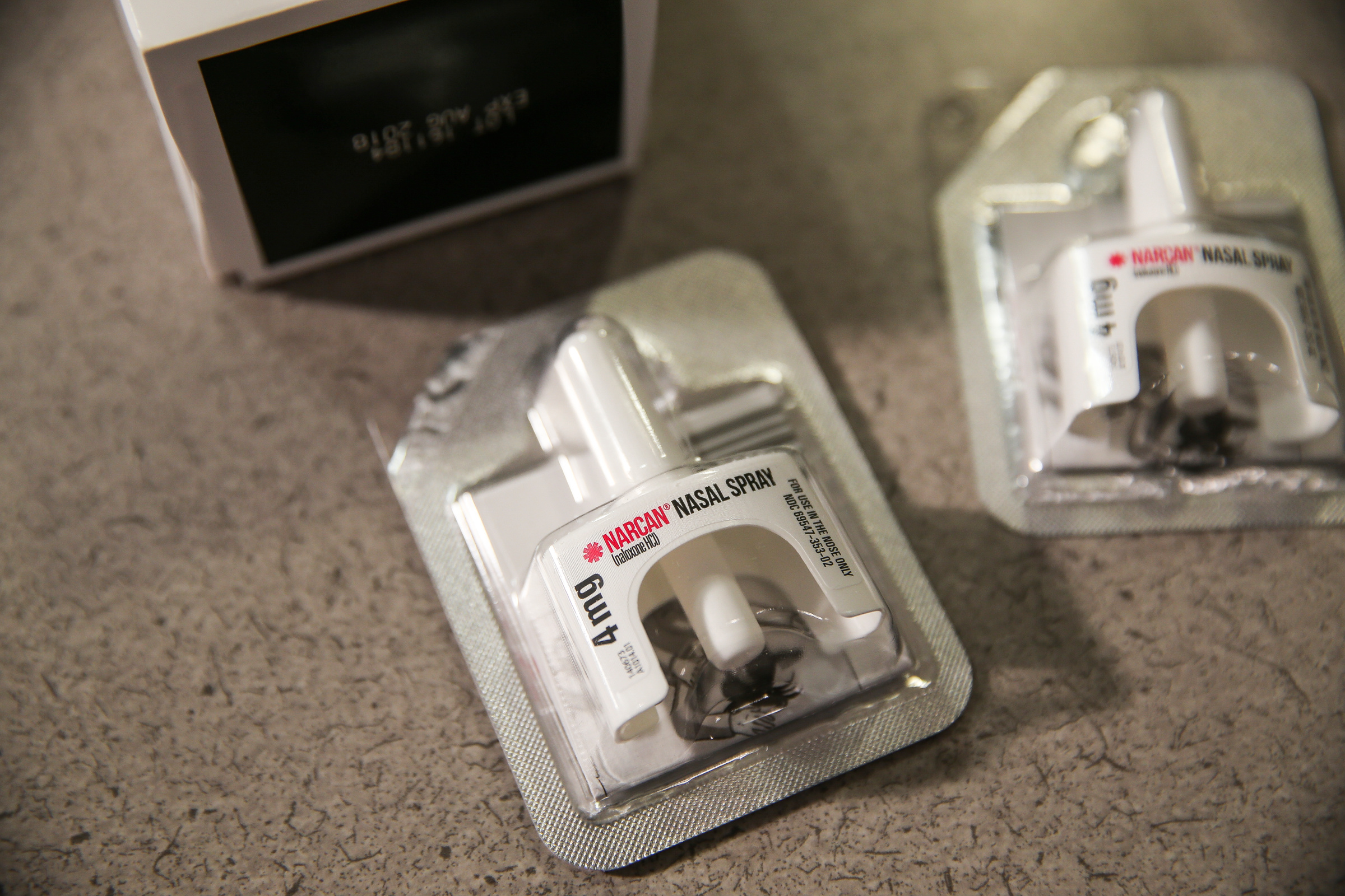 Two doses of the opiate antidote naloxone are displayed at a press conference at the Salt Lake County Sheriff's Office on Jan. 5, 2017. Narcan is the brand name of a device that delivers naloxone.